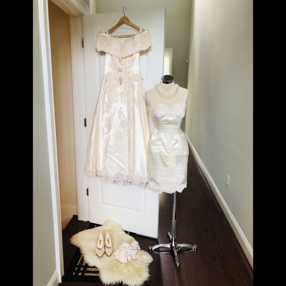 STUNNING EMBELLISHED CUSTOM VINTAGE WEDDING DRESS SET/POUCH/SIZE XS - Picture 7 of 16